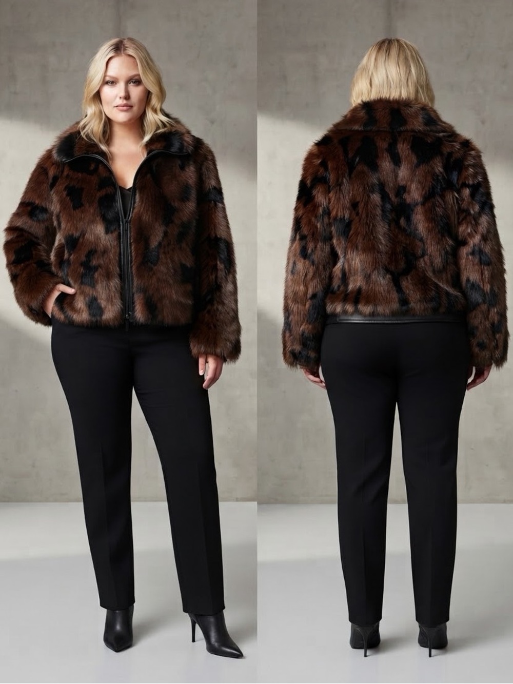 NWT Karl Lagerfeld Brown & Black Faux Fur Jacket Winter Outerwear Casual Coat